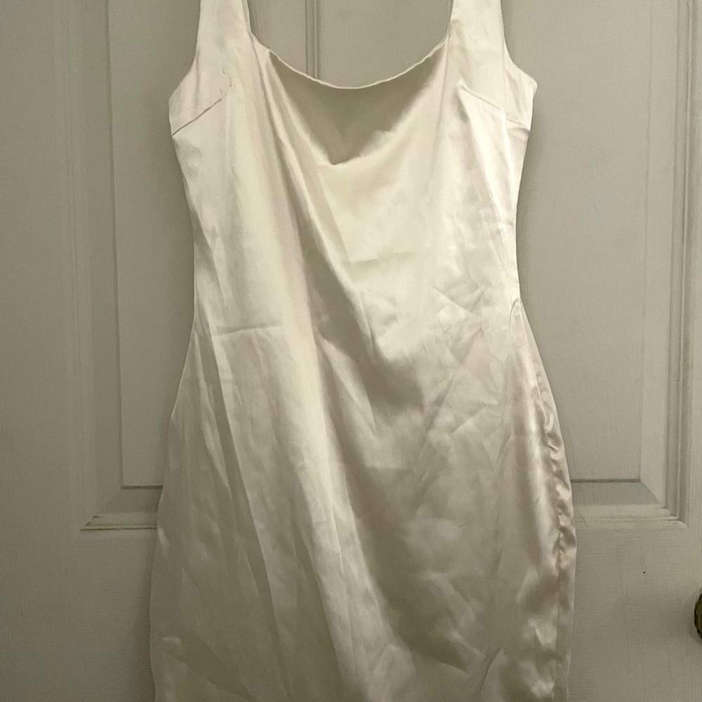 Satin Mini Dress in Ivory - Sleek Scoop Neck